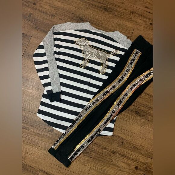 Victoria’s Secret Pink Bling Stripe Dog Tshirt/ Leggings Outfit set S - Picture 8 of 11